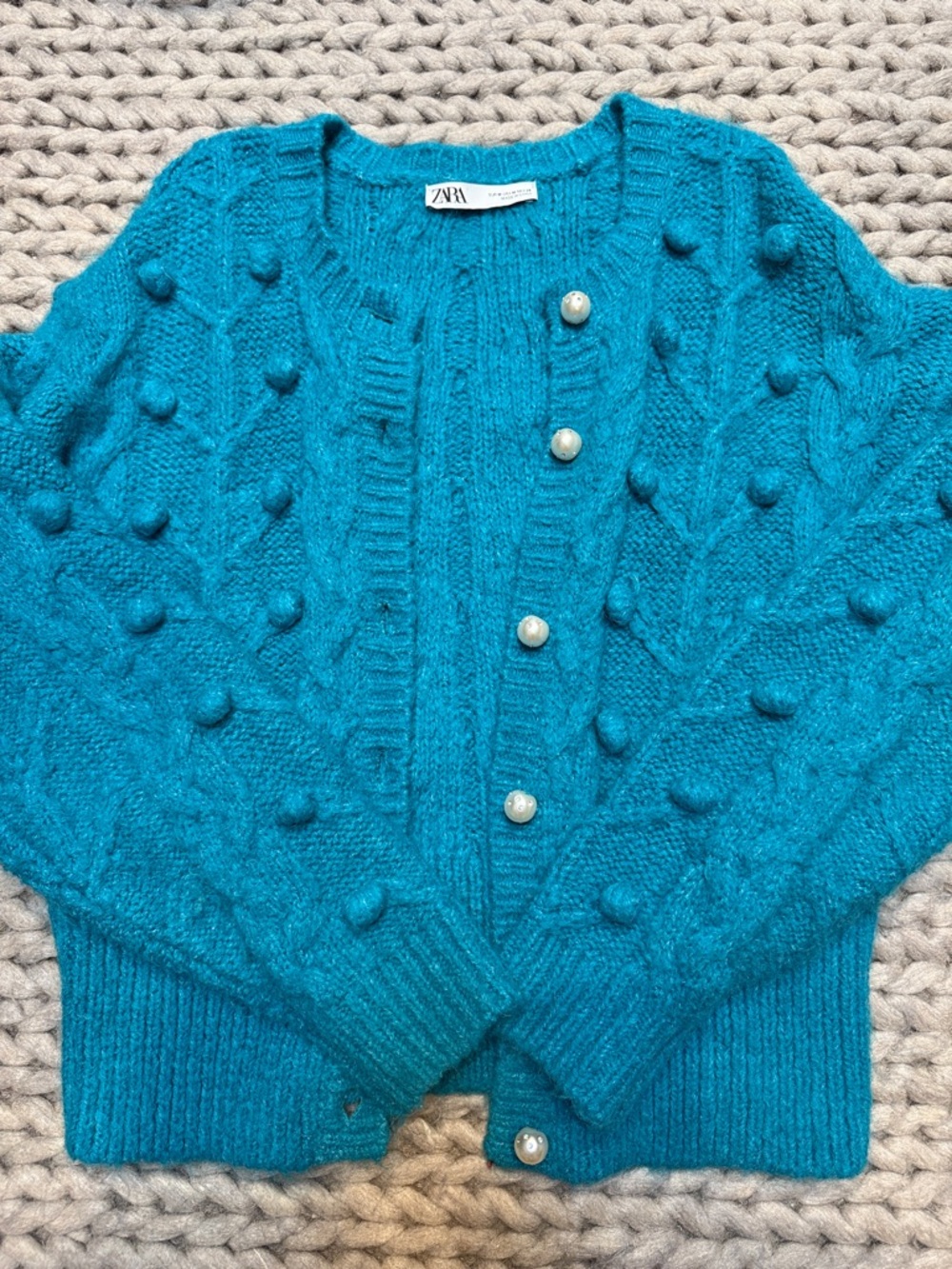 Zara Teal Pom-Pom Pearl-Button Cardigan